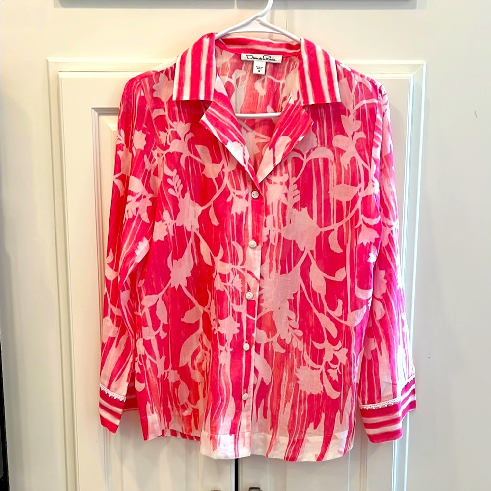 Oscar de la Renta Vibrant Pink and White Floral Button Down Shirt size small